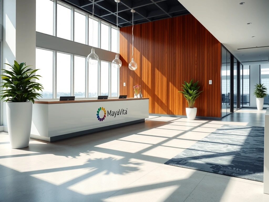 Oficina de Mayavitaplus con un diseño moderno y plantas verdes, símbolo de bienestar.