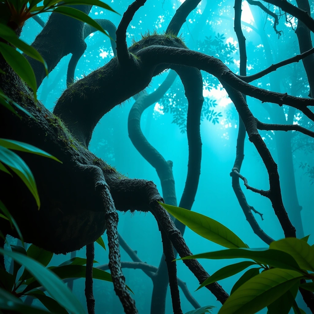 Misteriosa selva ancestral con tonos turquesa y jade, simbolizando la sabiduría de Mayavitaplus.