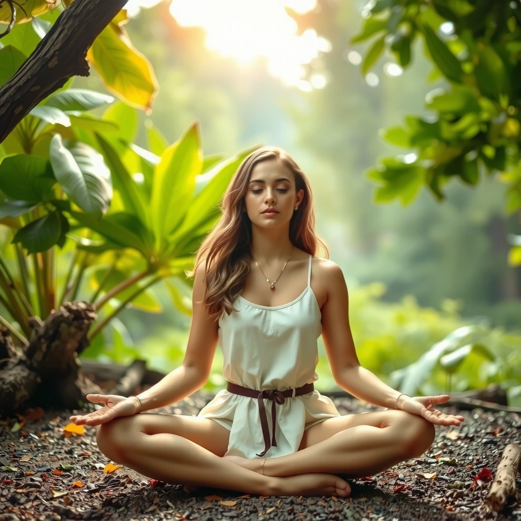 Mujer joven meditando en un entorno natural exuberante, con elementos que sugieren sabiduría ancestral y bienestar.