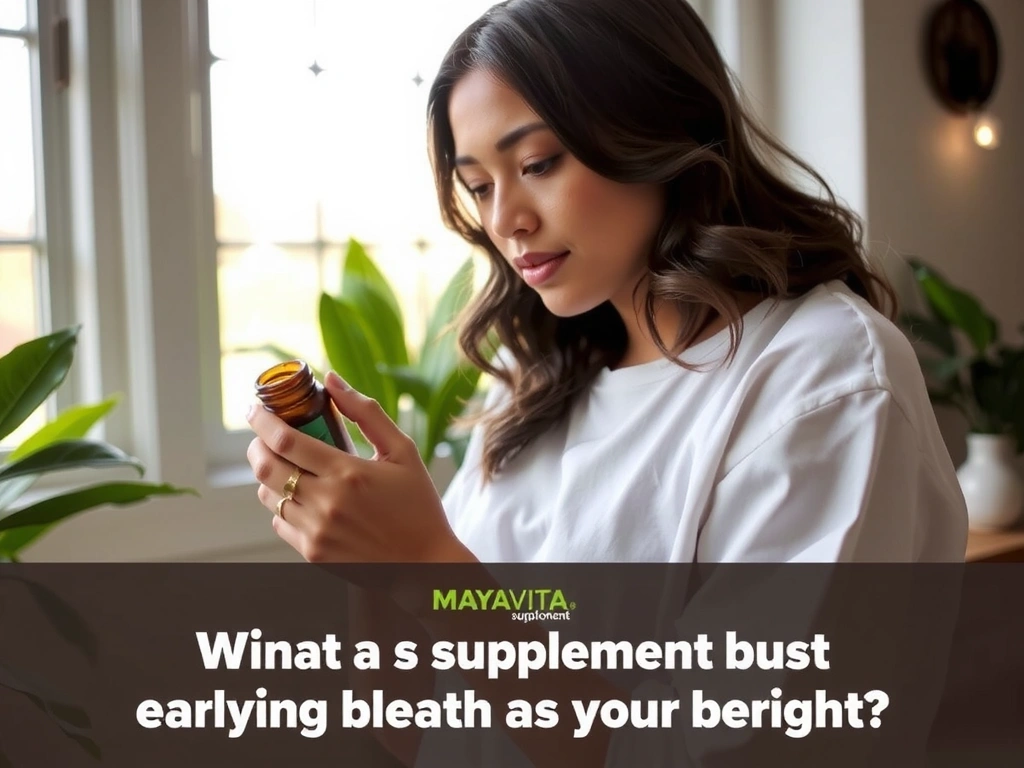 Mujer leyendo la etiqueta de un suplemento de Mayavitaplus, con un ambiente natural y tranquilo de fondo.